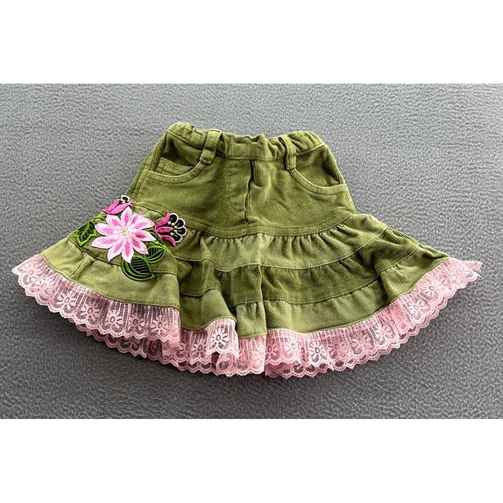 Childish Corduroy Skirt Sz 12mo Green Pink Floral Lace Ruffle Tiered Baby